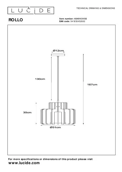 Lucide ROLLO - Hanglamp - 1xE27 - Terracotta - technisch